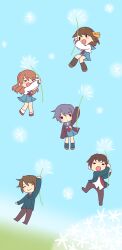  2boys 3girls asahina_mikuru blue_sailor_collar chibi commentary_request dandelion flower kita_high_school_uniform koizumi_itsuki kyon multiple_boys multiple_girls nagato_yuki sailor_collar satou_shino school_uniform serafuku suzumiya_haruhi suzumiya_haruhi_no_yuuutsu winter_uniform 