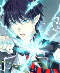  1boy ao_no_exorcist black_hair blue_eyes blue_fire commentary_request fire flaming_sword flaming_weapon jonohara male_focus necktie okumura_rin photoshop_(medium) pointy_ears sheath solo striped striped_necktie sword unsheathing weapon 