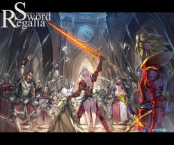  6+boys armor axe blonde_hair bow_(weapon) cheering commentary_request copyright_name female grey_hair hammer letterboxed long_hair lvans multiple_boys photoshop_(medium) pixiv_fantasia pixiv_fantasia_sword_regalia polearm red_hair shield signature spear sword weapon 