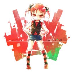  accel_world commentary_request copyright_name female freckles hair_ribbon kneehighs kouzuki_yuniko rakuni red_eyes red_hair ribbon short_twintails shorts socks solo twintails 