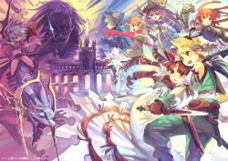  1boy 6+girls alternate_costume alternate_hairstyle bat_wings belt blonde_hair boots bow breasts castle commentary_request crescent dagger dragon drill_hair fantasy fighting_stance glasses glowing glowing_eyes hairbow hakurei_reimu hat hong_meiling horns hoshiguma_yuugi kirisame_marisa knife konpaku_youmu large_breasts long_hair morichika_rinnosuke multiple_girls ninja open_mouth patchouli_knowledge priest purple_eyes remilia_scarlet reverse_grip robe short_hair single_horn smile so-taro sparkle star_(symbol) straddling sunglasses sword touhou very_long_hair weapon wings 