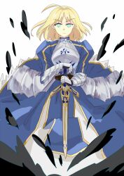  ahoge armor armored_dress artoria_pendragon_(fate) bad_id bad_pixiv_id blonde_hair caliburn_(fate) dress fate/zero fate_(series) female gauntlets green_eyes hair_down hands_on_hilt saber_(fate) short_hair solo sword weapon wenwen_e 