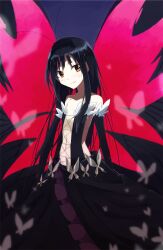  accel_world antenna_hair bare_shoulders black_hair brown_eyes bug butterfly butterfly_wings commentary_request elbow_gloves female gloves insect_wings kuroyukihime navel photoshop_(medium) smile solo tsukugu wings 