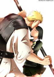  1boy ancient_greek_clothes bad_id bad_pixiv_id black_hair blonde_hair bob_cut fate/zero fate_(series) female genderswap_(mtf) greco-roman_clothes ionioi_hetairoi_(fate) jeran_(ggokd) kissing kissing_forehead photoshop_(medium) polearm rule_63 short_hair skirt straight waver_velvet weapon 