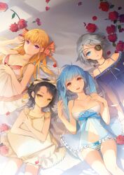  4girls absurdres bat_(animal) black_hair blonde_hair blue_eyes breasts cinia_pacifica collarbone eyepatch flower hair_ornament hairclip highres holding iri_flina jewelry large_breasts lingerie long_hair looking_at_viewer luthica_preventer lying medium_breasts multiple_girls necklace on_back orange_eyes panties pillow purple_eyes rose salt_(salty) short_hair short_hair_with_long_locks sidelocks sita_vilosa smile striped_clothes striped_panties sword_girls twintails underwear yellow_eyes 