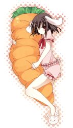  animal_ears blush brown_hair carrot carrot-shaped_pillow commentary_request female food frills hug inaba_tewi one_eye_closed pillow rabbit_ears rabbit_girl rabbit_tail red_eyes sakura-no short_hair short_sleeves shorts solo tail touhou vegetable 