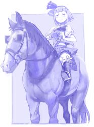  blinders blue_theme boots call_of_cthulhu closed_eyes commentary_request female hair_ribbon hairband horse horseback_riding konpaku_youmu kousaku monochrome ribbon riding short_hair smile solo touhou yukkuri_youmu_to_hontou_wa_kowai_cthulhu_shinwa 