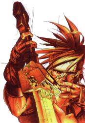  1boy arc_system_works fingerless_gloves gloves guilty_gear guilty_gear_x headband highres ishiwatari_daisuke official_art sepia sol_badguy sword weapon 