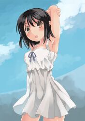  :o akemiho_tabi_nikki armpits arms_up bad_id bad_pixiv_id black_hair blush brown_eyes dress female gendai_ninjakko_zukan kouno_hikaru oribe_kaori outdoors see-through see-through_silhouette sleeveless sleeveless_dress solo sundress 