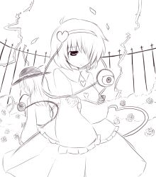  2girls bad_id bad_pixiv_id eyeball fence flower greyscale hair_over_one_eye hairband hat heart highres himegi komeiji_koishi komeiji_satori long_hair monochrome multiple_girls short_hair siblings sisters skirt sleeves_past_wrists third_eye touhou 