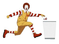  1boy afro blue_eyes boots clown commentary english_commentary facepaint gb_(doubleleaf) horror_(theme) male_focus mcdonald&#039;s photoshop_(medium) red_hair ronald_mcdonald socks solo striped_clothes striped_socks trash_can 