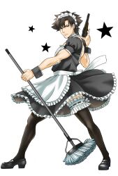  1boy alternate_costume apron black_eyes black_hair black_thighhighs commentary_request crossdressing emiya_kiritsugu enmaided facial_hair fate/zero fate_(series) frills gun handgun hyu_gaarden maid maid_headdress male_focus mop photoshop_(medium) solo stubble thighhighs thompson/center_contender weapon 