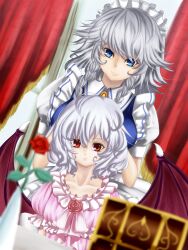  2girls absurdres bad_id bad_pixiv_id blue_eyes braid collarbone curtains demon_wings flower frills highres izayoi_sakuya maid multiple_girls open_mouth photoshop_(medium) red_eyes remilia_scarlet rose short_hair short_sleeves sleepwear smile touhou twin_braids untue vase white_hair wings 