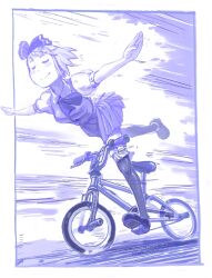  balancing bicycle blue_theme call_of_cthulhu closed_eyes commentary_request female hair_ribbon hairband konpaku_youmu kousaku leg_up monochrome outstretched_arms ribbon riding short_hair skirt smile solo spread_arms thighhighs touhou yukkuri_youmu_to_hontou_wa_kowai_cthulhu_shinwa 