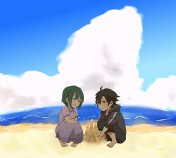  1boy aged_down barefoot beach black_hair commentary_request fate/zero fate_(series) female green_hair highres hood hoodie lolicon matou_kariya sand_castle sand_sculpture short_hair tohsaka_aoi xxxmonday 