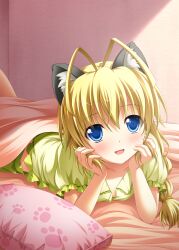  1boy ahoge animal_ears antenna_hair bed blonde_hair blue_eyes blush braid cat_ears commentary_request haiyore!_nyaruko-san hastur_(nyaruko-san) highres long_hair lying male_focus on_stomach open_mouth otoko_no_ko pajamas photoshop_(medium) single_braid smile solo tsuda_akira 