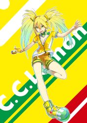  blonde_hair bra c.c._lemon c.c._lemon_(character) commentary_request female fingerless_gloves food fruit gloves gradient_hair green_hair hair_ornament lemon long_hair midriff mossari_poteto multicolored_hair open_mouth shorts smile solo twintails underwear yellow_shorts 