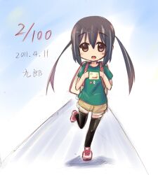  aged_down backpack bad_id bad_pixiv_id bag black_hair brown_eyes casual female k-on! kurou_(quadruple_zero) long_hair nakano_azusa solo thighhighs twintails 