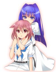  2girls bad_id bad_pixiv_id blue_eyes blue_hair from_behind hirose_sumire hug long_hair miyanaga_teru multiple_girls red_eyes red_hair saki_(manga) school_uniform shiraitodai_school_uniform short_hair sou_(mgn) 