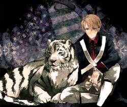  1boy ahoge alternate_eye_color america_(hetalia) american_flag animal axis_powers_hetalia bad_id bad_pixiv_id blonde_hair flag_background green_eyes highres male_focus military military_uniform napa_(napppppa) photoshop_(medium) sad sitting solo tiger uniform white_tiger 