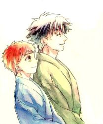  2boys aged_down bad_id bad_pixiv_id black_hair emiya_kiritsugu emiya_shirou facial_hair fate/stay_night fate/zero fate_(series) father_and_son japanese_clothes kimono male_focus multiple_boys norino_moto painting_(medium) red_hair stubble traditional_media watercolor_(medium) yellow_eyes 