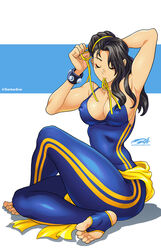  1girls barefoot black_hair bodysuit capcom chun-li cleavage closed_eyes darkereve feet female female_only fixing_hair hair_bun hi_res long_hair nipple_bulge sitting soles solo solo_female street_fighter street_fighter_alpha thick_thighs toeless_legwear toes 