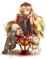  axe blonde_hair breasts dress elbow_gloves feet female female gloves hair_ornament hat high_heels kneehighs legs legs_crossed long_hair maryjanes moriichi shoes simple_background sitting skirt socks solo stuffed_animal stuffed_toy vocaloid weapon yellow_eyes 