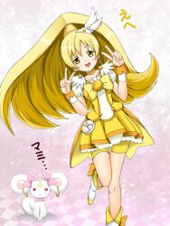  :3 alternate_hairstyle bike_shorts blonde_hair bow brooch candy_(smile_precure!) choker color_connection commentary_request cosplay creature cure_peace cure_peace_(cosplay) cure_peace_pose double_v earrings female fuuma_nagi hair_flaps jewelry kyuubee long_hair mahou_shoujo_madoka_magica mahou_shoujo_madoka_magica_(anime) open_mouth pink_bow precure ribbon shorts shorts_under_skirt skirt smile smile_precure standing standing_on_one_leg tiara tomoe_mami v wrist_cuffs yellow_bow yellow_eyes yellow_shorts yellow_skirt yellow_theme 