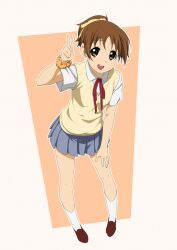  arm_up blush bracelet brown_eyes brown_hair commentary_request female highres hirasawa_ui iyakun jewelry k-on! looking_at_viewer looking_up open_mouth ponytail round_teeth sakuragaoka_high_school_uniform school_uniform short_hair skirt smile solo sweater_vest teeth v 