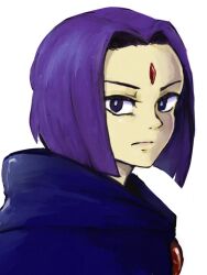  animification cape commentary_request dc_comics female forehead forehead_jewel looking_at_viewer purple_eyes purple_hair raven_(dc) serious short_hair solo teen_titans tsujii white_background 