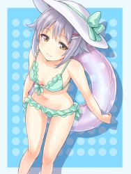  bikini brown_eyes commentary_request courreges_ace female frilled_bikini frills from_above green_bikini grey_hair hair_ornament hairclip hat hat_ribbon holding idolmaster idolmaster_cinderella_girls innertube koshimizu_sachiko looking_at_viewer navel photoshop_(medium) ribbon shadow smile solo sun_hat swim_ring swimsuit 