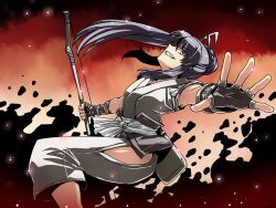  1boy androgynous blush bow_(weapon) commentary_request drifters fingerless_gloves gloves grin hakama hakama_skirt highres japanese_clothes long_hair male_focus nasu_no_yoichi red_eyes skirt slit_pupils smile solo tukiwani weapon 