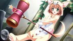  blush brown_hair character_request female formal game_cg green_eyes hammer highres inui_yuki kimishima_ao open_mouth otome_ga_tsumugu_koi_no_canvas pajamas short_hair solo star suit tail weapon 