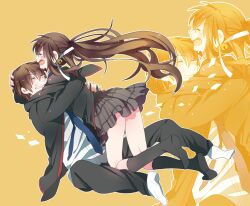  1boy brother_and_sister brown_hair closed_eyes commentary_request female hug little_busters! little_busters!_school_uniform long_hair natsume_kyousuke natsume_rin ponytail school_uniform short_hair siblings takumi_(scya) tears zoom_layer 