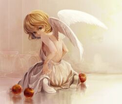  aka_tonbo_(lovetow) angel apple blonde_hair commentary_request dress female food fruit green_eyes looking_at_viewer original photoshop_(medium) short_hair sitting solo sunlight white_wings wings 