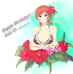  bikini bikini_top_only birthday breasts byakugan_(tsuson) cleavage commentary_request dated fate/zero fate_(series) female flower frills hair_flower hair_ornament happy_birthday hibiscus large_breasts red_eyes red_hair short_hair sola-ui_nuada-re_sophia-ri swimsuit 