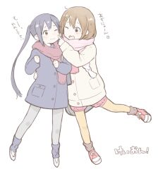  2girls 3: 3; ;d black_hair brown_eyes brown_hair cheek_poking coat commentary_request hirasawa_yui k-on! k-on!_movie long_hair multiple_girls nakano_azusa one_eye_closed open_mouth pantyhose poking scarf short_hair smile twintails yoiko_no_pikataro 