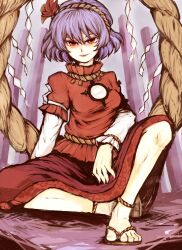  anklet bad_id bad_pixiv_id blue_hair feet female full_body hairband highres jewelry mirror onbashira red_eyes rope sandals shimenawa short_hair sitting skirt solo touhou wataichi_meko yasaka_kanako 