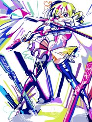  blonde_hair colorful drill_hair female full_body gun hat magical_girl magical_musket mahou_shoujo_madoka_magica mahou_shoujo_madoka_magica_(anime) open_mouth rifle skirt solo tegaki thighhighs tomoe_mami tomoe_mami_(magical_girl) turpentine_(pin) weapon 