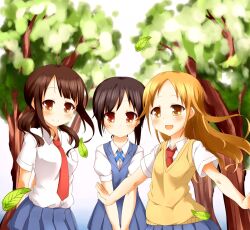  3girls :d arms_behind_back black_hair blush brown_eyes brown_hair cloud day faubynet flower highres leaf looking_at_viewer miyamoto_konatsu multiple_girls necktie okita_sawa open_mouth pleated_skirt sakai_wakana school_uniform short_hair skirt smile sweater_vest tari_tari tree v_arms 