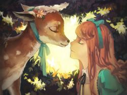  animal brown_hair closed_eyes commentary_request deer female hair_ribbon long_hair original ribbon rifsom smile 