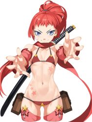  bikini blue_eyes come_hither commentary_request cropped_legs female flat_chest foreshortening junketsu_duelion lissa_augusta looking_at_viewer naughty_face navel official_art outstretched_arms outstretched_hand photoshop_(medium) ponytail red_bikini red_hair red_scarf scarf simple_background smile solo swimsuit sword takoyaki_neko-san toned weapon white_background 