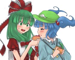  2girls arm_ribbon bad_id bad_pixiv_id blue_hair blush bow closed_eyes cucumber eating food front_ponytail green_eyes green_hair hair_bobbles hair_ornament hair_ribbon hairbow hat kagiyama_hina kawashiro_nitori key long_hair long_sleeves mana_(tsurubeji) multiple_girls open_mouth ribbon short_sleeves simple_background sweatdrop touhou two_side_up white_background 