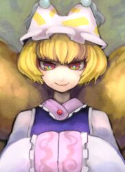  commentary_request female hands_in_opposite_sleeves hospital_king looking_at_viewer smile solo touhou upper_body yakumo_ran 