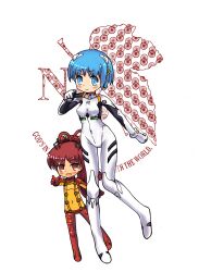  2girls ayanami_rei ayanami_rei_(cosplay) blue_eyes blue_hair blush bodysuit color_connection commentary_request cosplay evangelion:_2.0_you_can_(not)_advance hair_ornament hairpin leaf lirinx long_hair mahou_shoujo_madoka_magica mahou_shoujo_madoka_magica_(anime) miki_sayaka multiple_girls neon_genesis_evangelion nerv plugsuit pointing ponytail rebuild_of_evangelion red_eyes red_hair sakura_kyoko short_hair smile souryuu_asuka_langley souryuu_asuka_langley_(cosplay) white_background white_bodysuit 