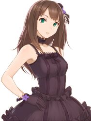  bare_shoulders black_gothic_dress_(idolmaster) brown_hair commentary_request dani-ikapi dress female gloves green_eyes hair_ornament hand_on_own_hip idolmaster idolmaster_cinderella_girls long_hair shibuya_rin sleeveless sleeveless_dress solo 