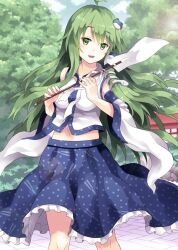  ahoge blush commentary_request detached_sleeves female frog_hair_ornament gohei green_eyes green_hair hair_ornament highres kochiya_sanae long_hair looking_at_viewer navel rasahan skirt smile snake solo touhou 