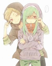  1boy bad_id bad_pixiv_id brown_hair female green_hair hood hoodie kagerou_project kano_shuuya kido_tsubomi kurodeko long_hair mekakushi_code_(vocaloid) one_eye_closed red_eyes short_hair v vocaloid 