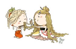  2girls bare_shoulders blush_stickers chibi chopsticks closed_eyes commentary dress earrings eating english_commentary food fork hair_ornament hair_stick hairclip jewelry kamaboko long_hair meago multiple_girls narutomaki original pasta personification siblings signature sisters sitting spaghetti strapless strapless_dress themed_object transparent_background very_long_hair 