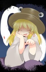  animal bad_id bad_pixiv_id blonde_hair closed_eyes commentary_request female hammer_(sunset_beach) hat long_hair long_sleeves mishaguji moriya_suwako open_mouth pointing pyonta snake solo touhou wide_sleeves 